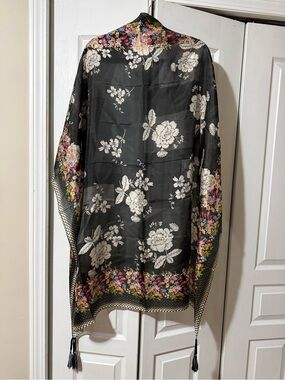 Johnny Was Square Silk Scarf Floral Design with Tassels